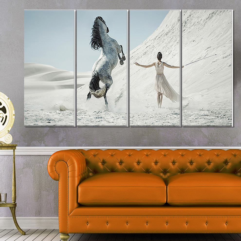 Huge Horse and Lady on Desert, Animal Canvas Wall Art, 48"x28", 4 Panels