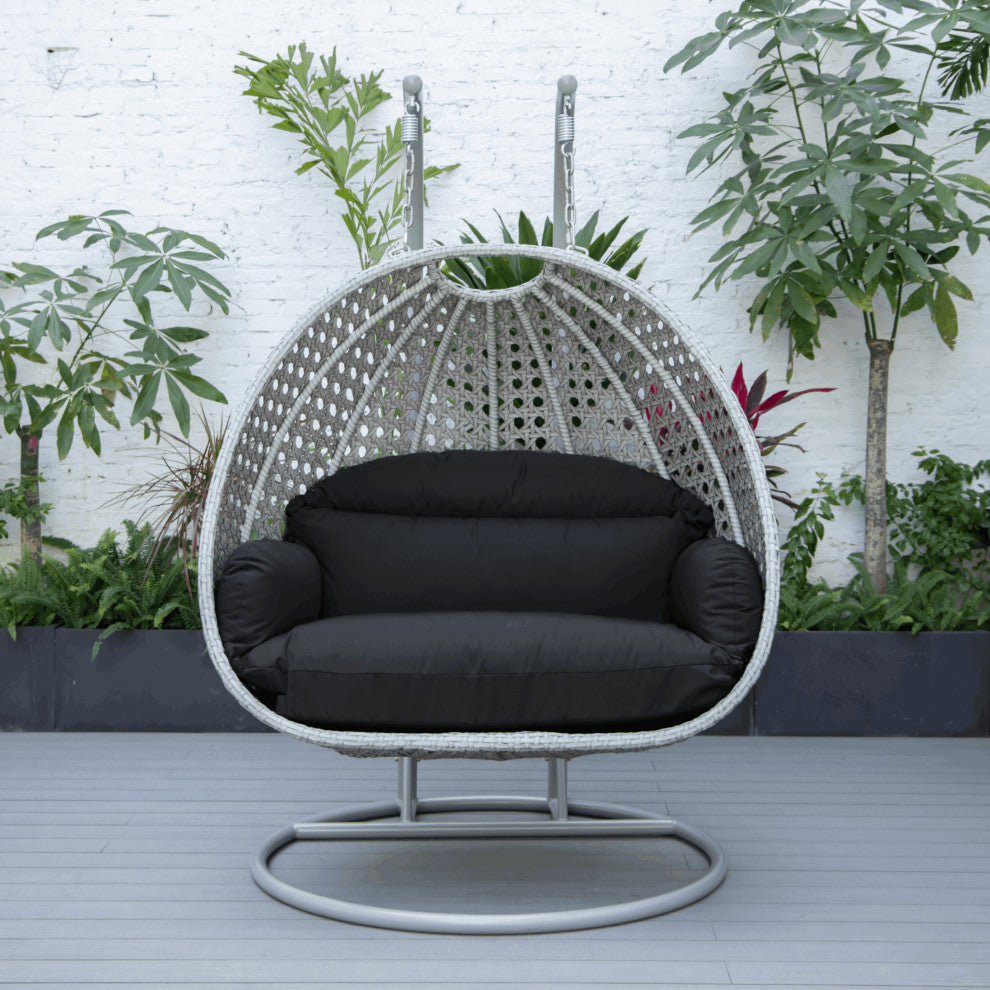 LeisureMod Mendoza Light Brown Wicker Hanging Double Egg Swing Chair, Dark Gray