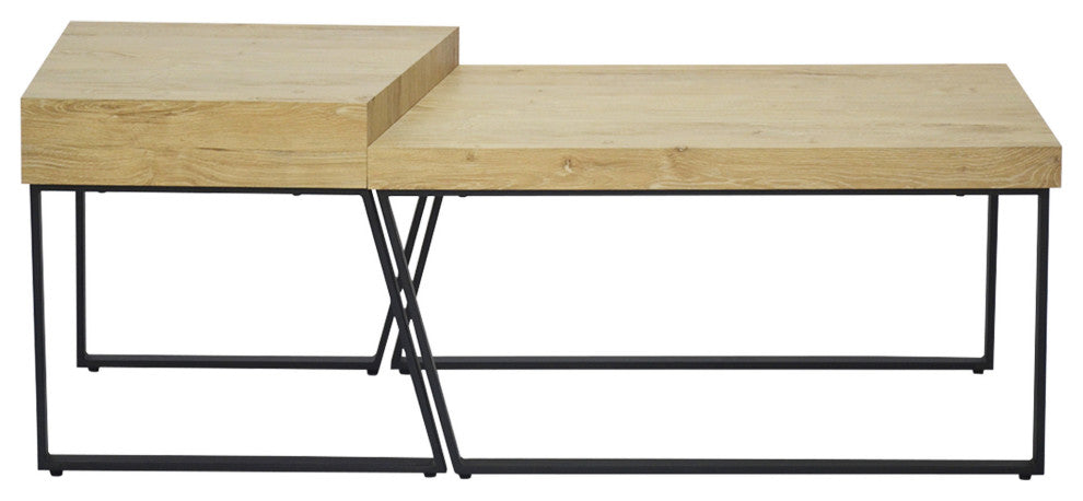 Benzara UPT-266260 Wooden Coffee Table With Metal Frame, Oak Brown and Black
