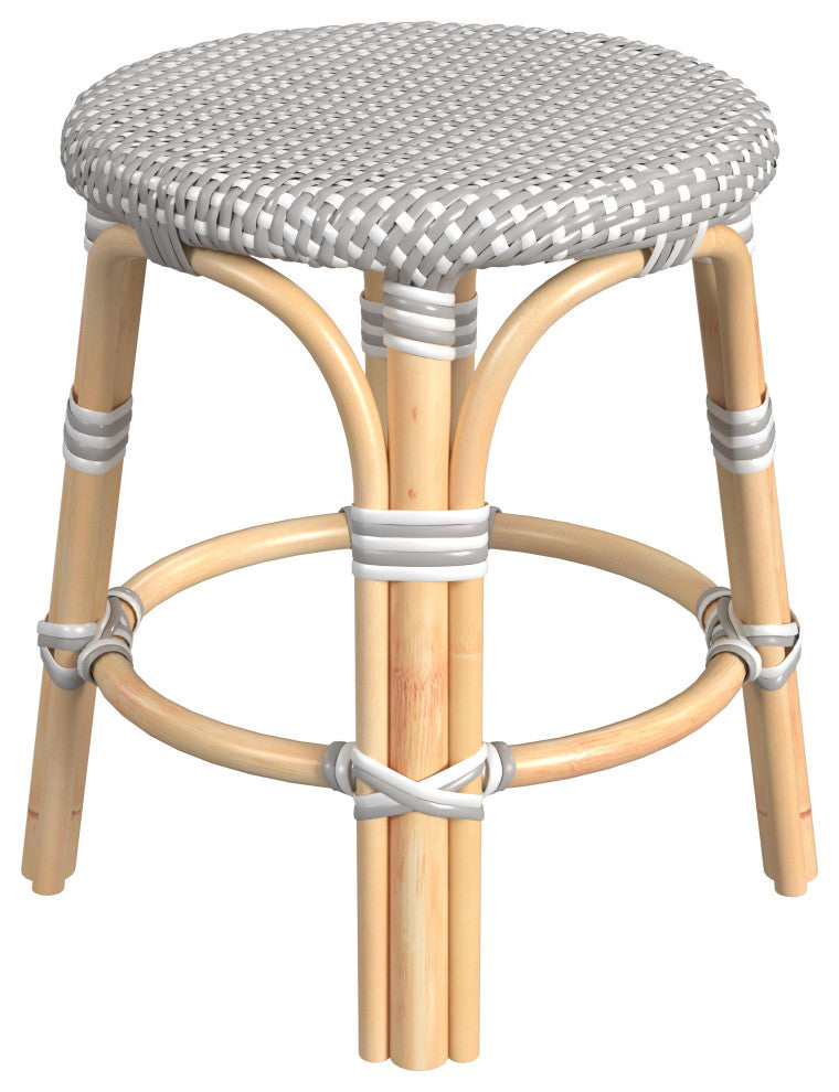 Tobias Rattan Round 18" Accent Stool, Gray and White