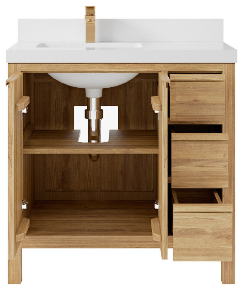Elizabeth 36 Left Offset Bath Vanity in Light Natural Teak 2" White Quartz