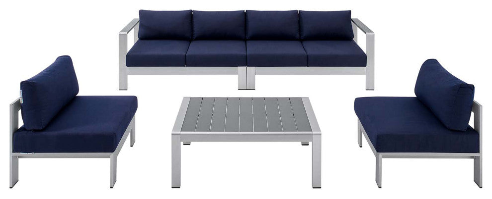 Sectional Sofa Chair Table Set, Sunbrella, Aluminum, Silver Blue Navy, Outdoor