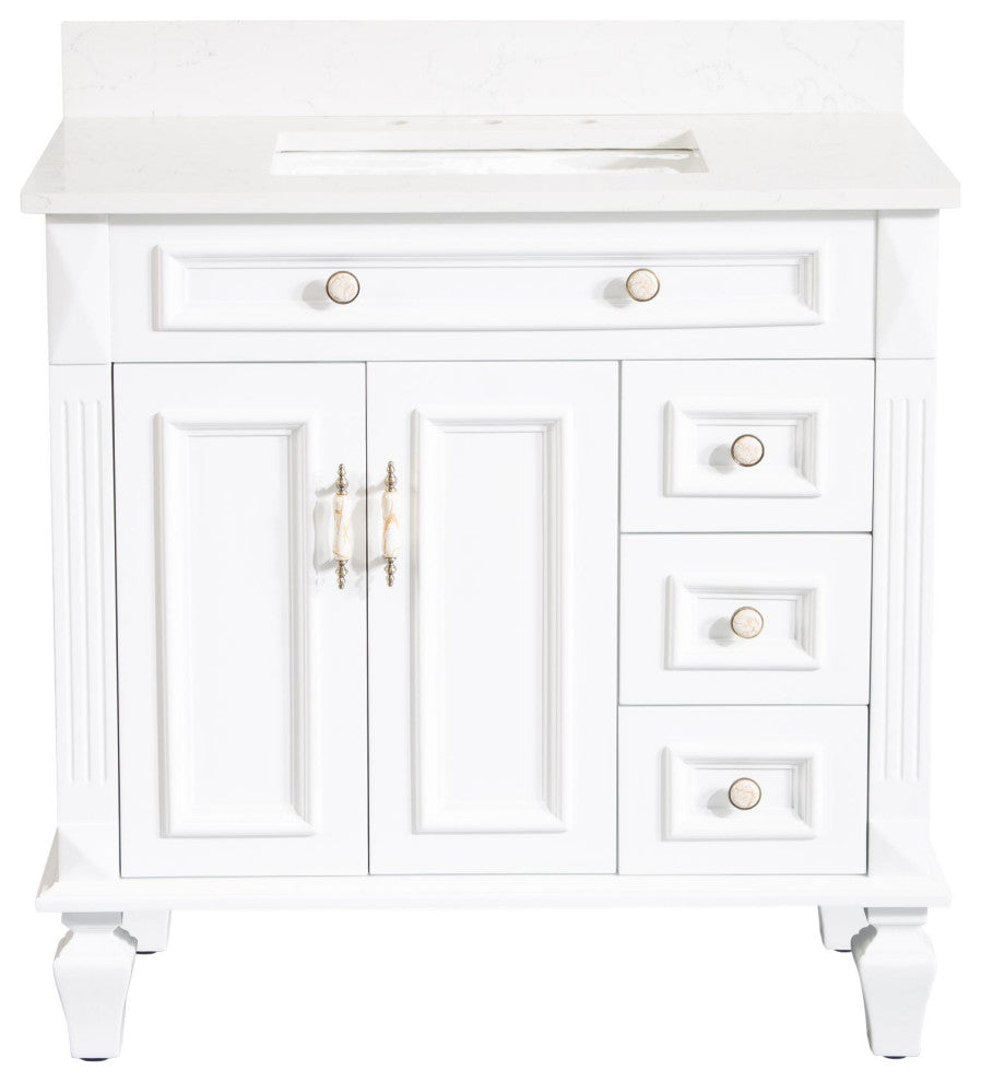 Solid Wood Bathroom Vanity with Quartz Top and cUPC Certified Sink, White, 36 Inch
