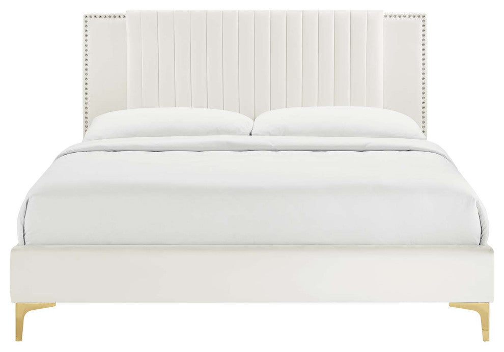 Zahra Channel Tufted Performance Velvet King Platform Bed, White