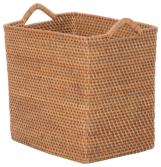 Loma Rectangular Tall Decorative Rattan Storage Basket with Ear Handles, Small, Honey Brown