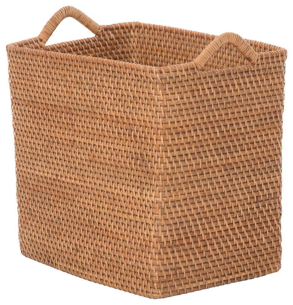 Loma Rectangular Tall Decorative Rattan Storage Basket with Ear Handles, Small, Honey Brown
