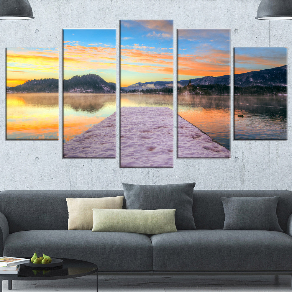Bled With Lake in Winter Slovenia, Bridge Canvas Art Print, 60"x32", 5 Panels
