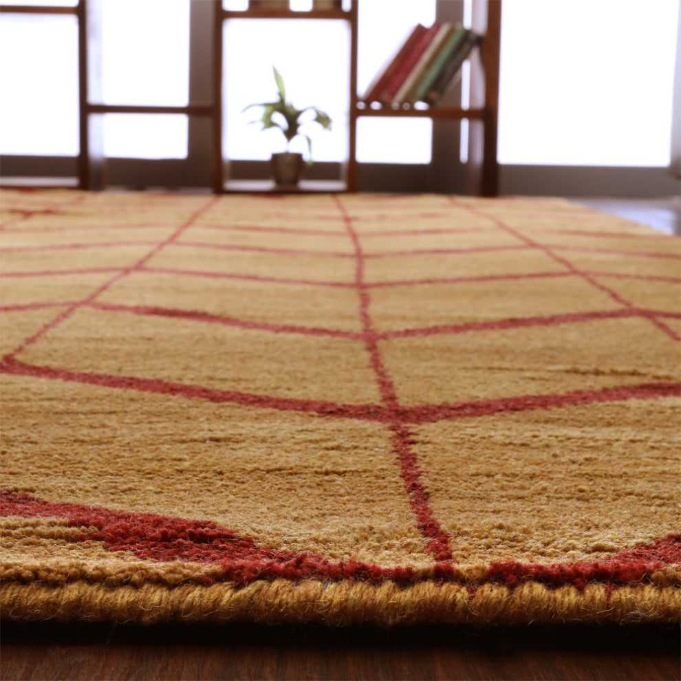 Hand Knotted Wool Area Rug Geometric Gold Red