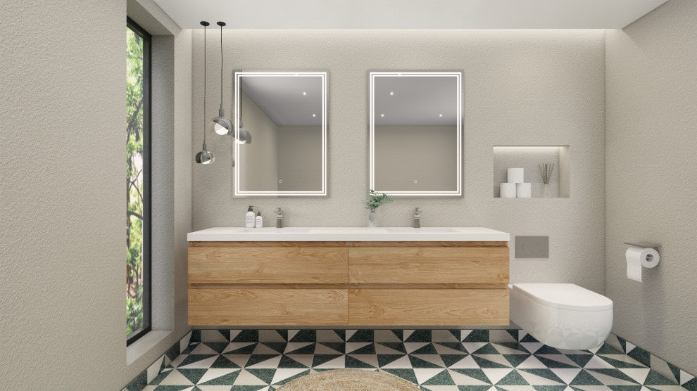 Belli 84" Double Sink Wall Mount Vanity Set, New England Oak, Glossy White Top