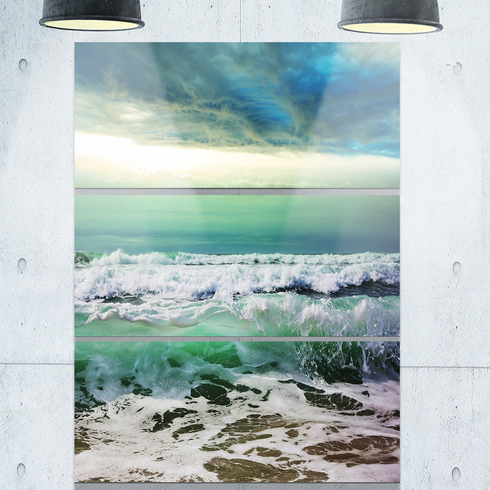 "Green Foaming Waves and Blue Sky" Metal Wall Art, 3 Panels, 28"x36"