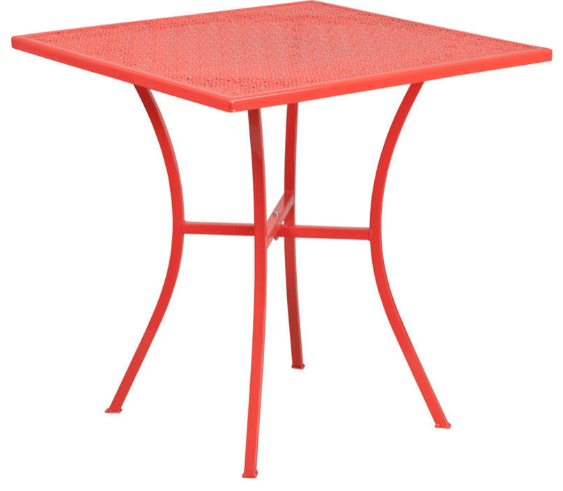 28" Square Coral Indoor-Outdoor Steel Patio Table Set with 4 Round Back Chairs