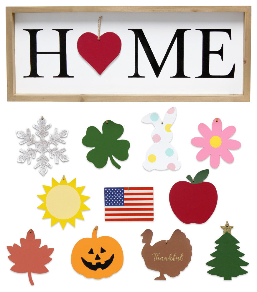 Wooden Seasonal Interchangeable Symbol "Home" Frame With 12 Ornaments, Natural