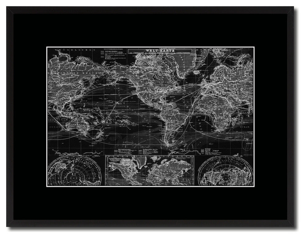 World Ocean Currents Monochrome Map Print On Canvas With Black Frame, 16" X 21"