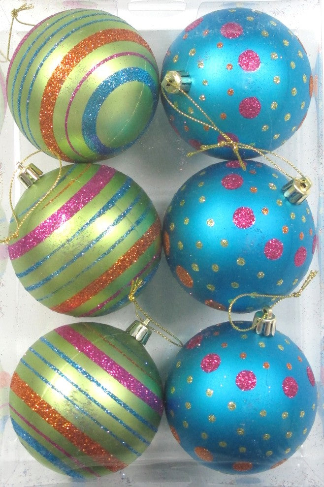 6-Pack White Ball Ornament With Mardi Gras Dot And Line Design