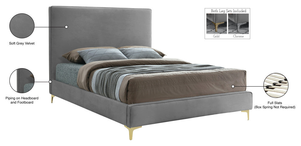 Geri Velvet Upholstered Bed, Gray, Queen
