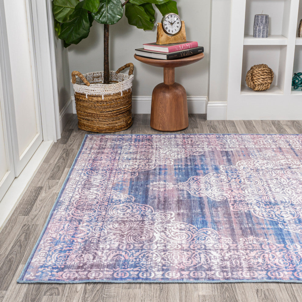 Regis Bohemian Medallion Machine Washable Indoor Area Rug, Blue, 5 X 8