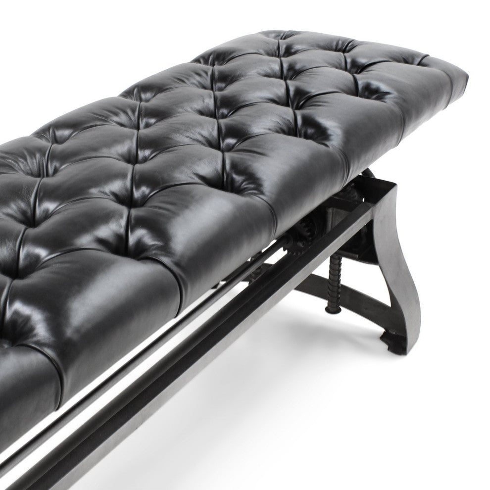 Crescent Industrial Dining Bench - Adjustable Iron Base - Black Leather Seat