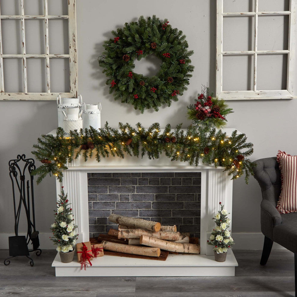 6' Mixed Alaskan Pines and Pinecones Faux Xmas Garland 50 Warm White LED Lights