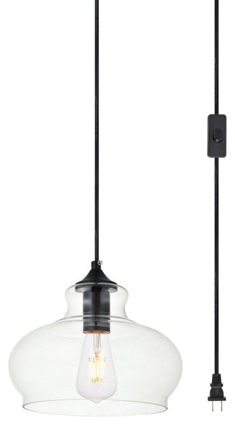 Dakota 1-Light Black Plug-In Pendant With Clear Glass