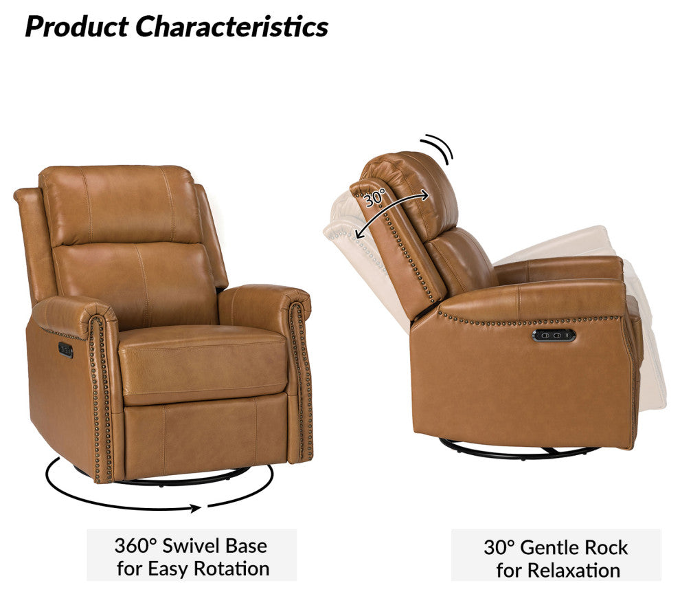 Kaietan Genuine Leather Power Rocking Recliner, Camel