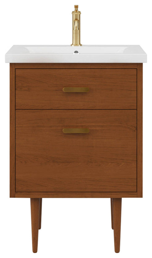 Brandy Integrated Ceramic Sink Top Vanity, Honey Walnut, 24", With Faucet