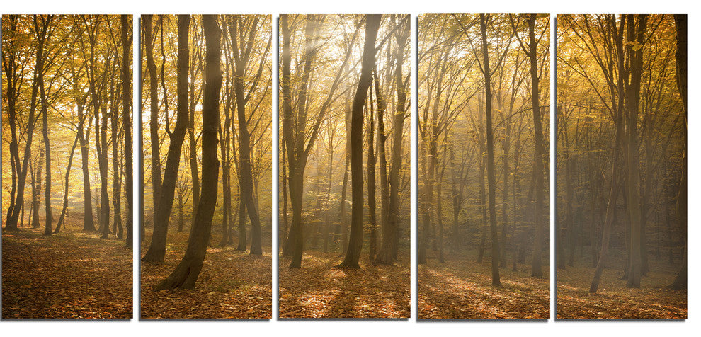 Thick Green Fall Forest with Fog, Forest Canvas Art Print, 60"x28", 5 Panels