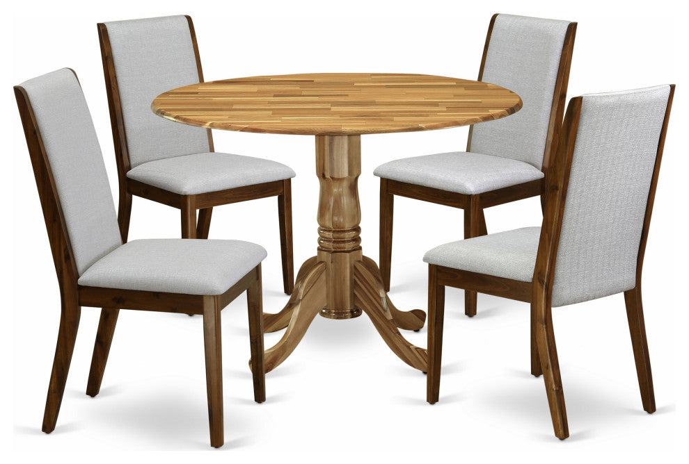 5Pc Dining Set, Round Table, 4 Chairs, Grey Chairs Seat, Natural