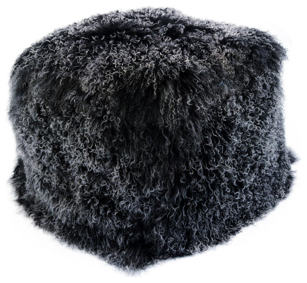 Contemporary Lamb Fur Pouf Black Snow - Black
