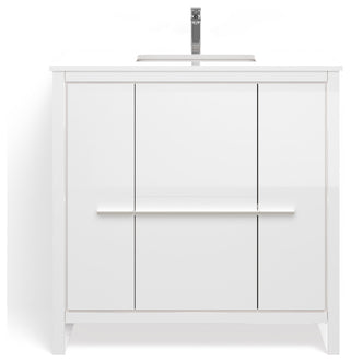 Esconde Bath Vanity, High Gloss White, 36", Single Sink, Freestanding