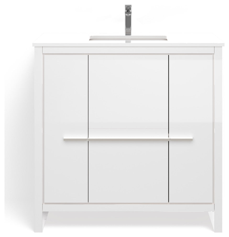 Esconde Bath Vanity, High Gloss White, 36", Single Sink, Freestanding
