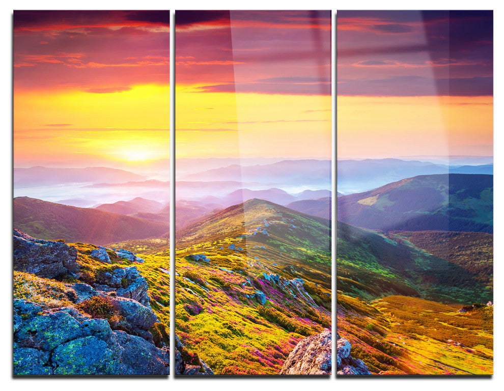 "Rhododendron Flowers in Colorful Hills" Metal Wall Art, 3 Panels, 36"x28"