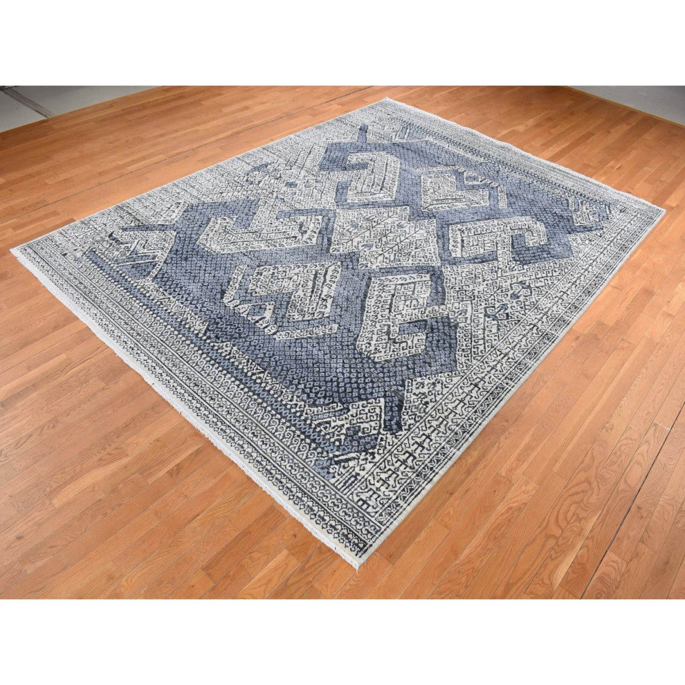 White Hand Knotted Tone on Tone Silk Small Repetitive Design Rug 9'x12'3"