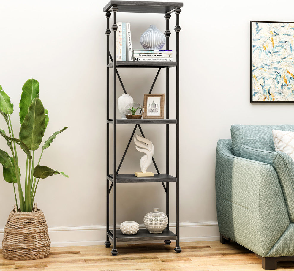 Annabelle Industrial Four Shelf Bookcase, Gray Finish, Pewter Finish