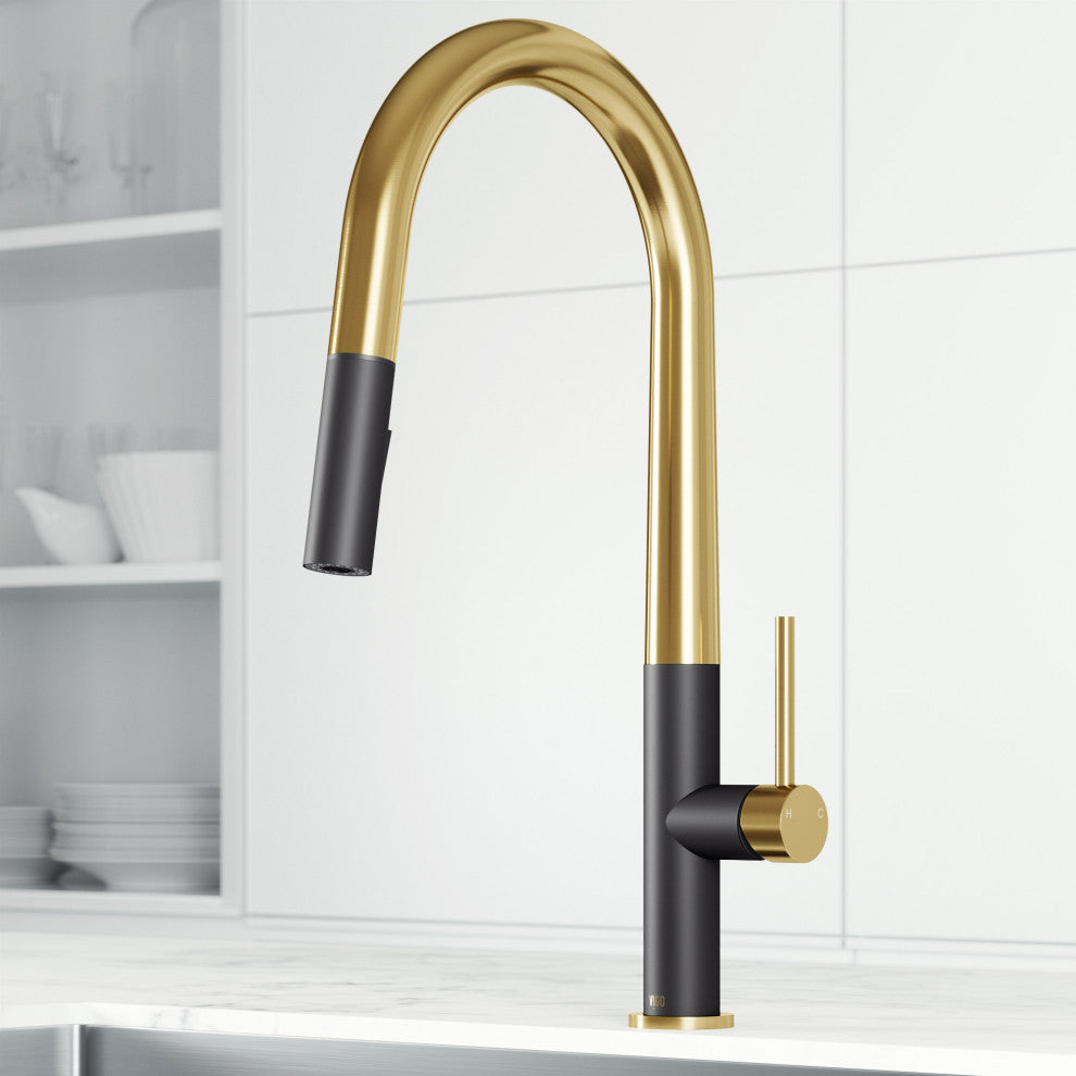 VIGO Greenwich 18" H Single Handle Pull-Down Sprayer Kitchen Faucet, Matte Brushed Gold/Matte Black, No Sensor, Without Extras