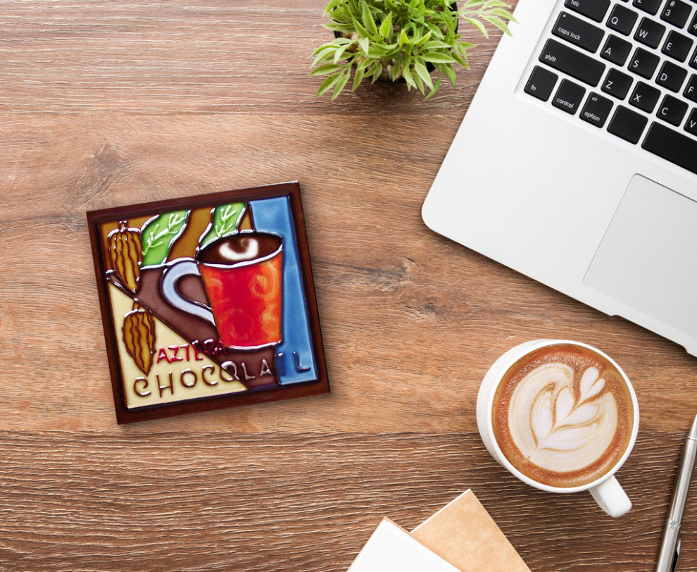 4x4" Azteca Chocolate Dark Coffee Ceramic Art Tile Drink Holder Coaster