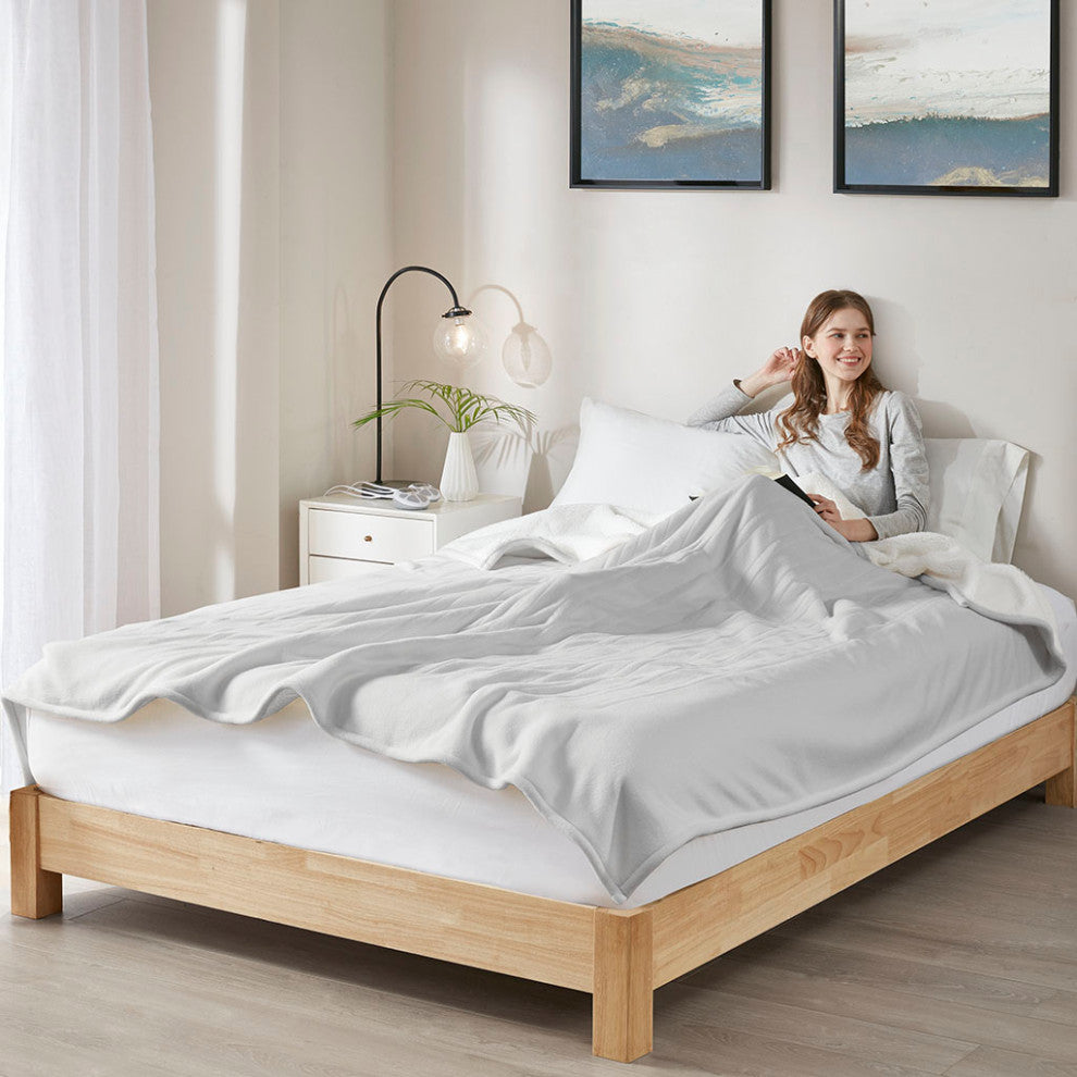 Serta Fleece to Sherpa Heated Fleece and Sherpa Bedding Blanket, Light Grey