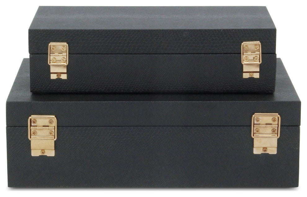 Lusan Rectangular Decorative Box Set, Black Faux Snakeskin