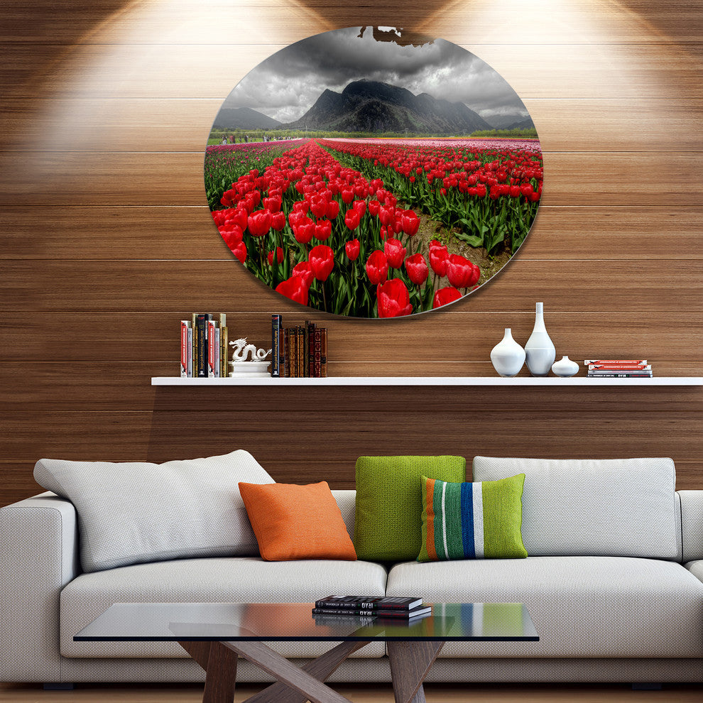Rows Of Bright Ruby Red Tulips, Landscape Wall Round Wall Art, 36"