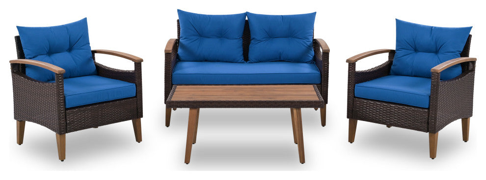 4-Piece Outdoor Wicker Patio Sofa Set with Wood Table and Removable Cushions, Blue
