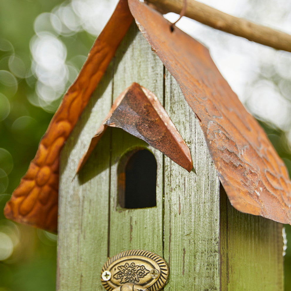 4.09"H Rustic Garden Distressed Wooden Birdhouse, Door Knocker Ring