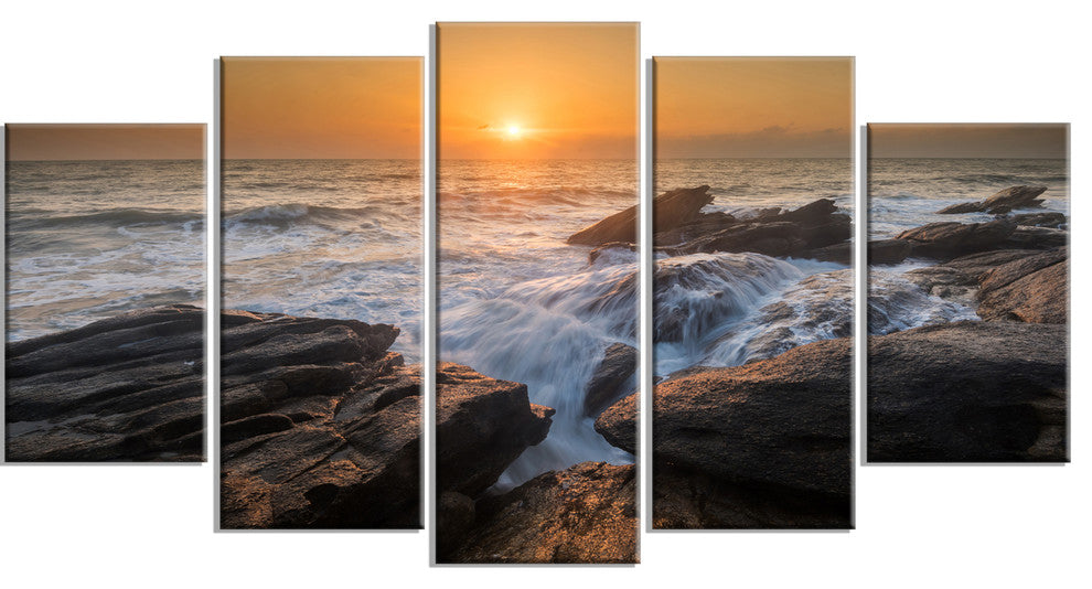 Sunset over Rocky Seashore, Beach Photo Canvas Print, 60"x32", 5 Panels