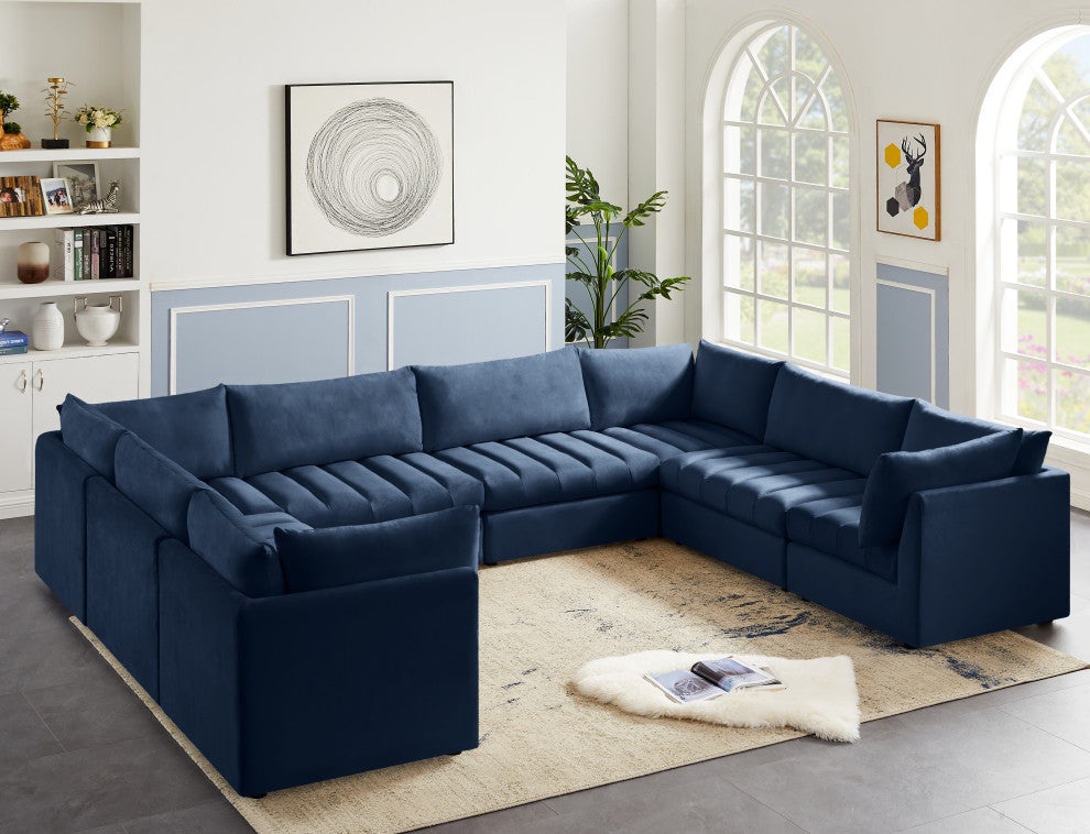 Jacob Velvet Upholstered 8-Piece U-Shaped Modular Sectional, Navy