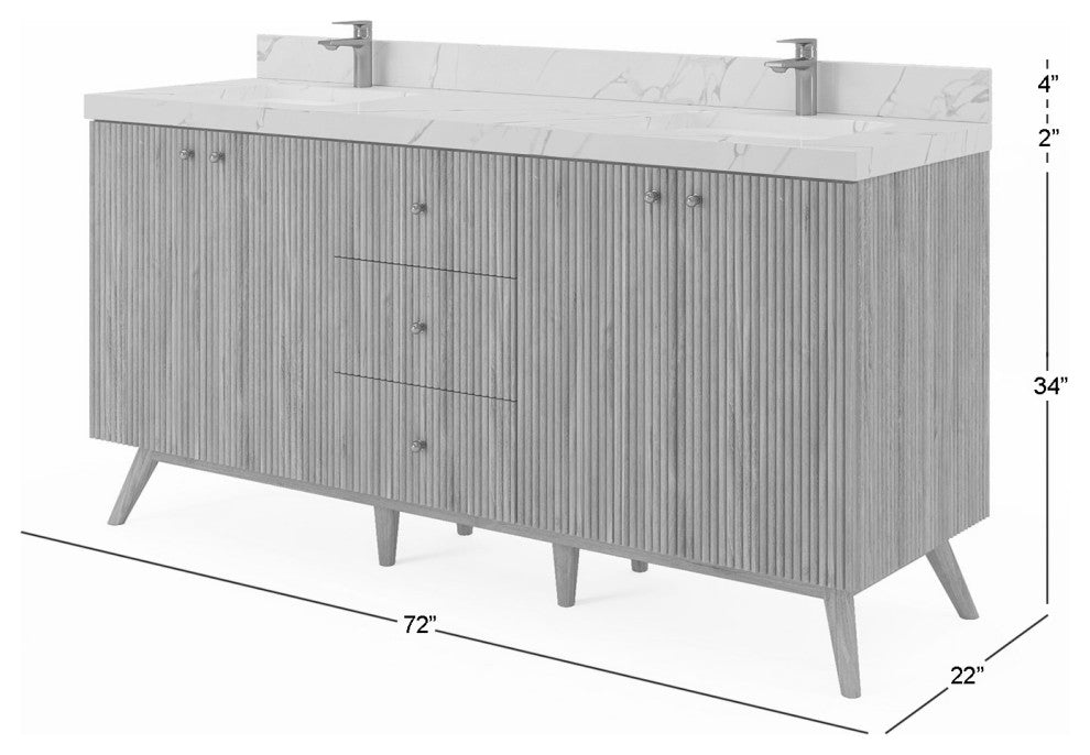 Pasadena 72" Double Sink Bath Vanity, Light Natural Teak 2" Calacatta Poanazzo