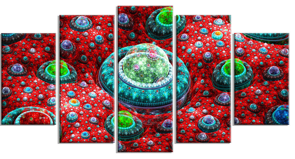 Red Fractal Exotic Planet, Contemporary Canvas Art Print, 60"x32", 5 Panels