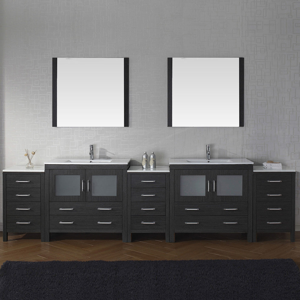 Virtu Dior 126" Double Bathroom Vanity, Zebra Gray, Faucet and Mirrors
