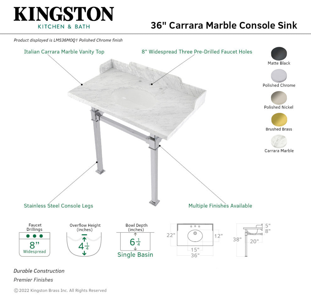 Kingston Brass LMS36MOQ1 36" Carrara Marble Console Sink, Legs