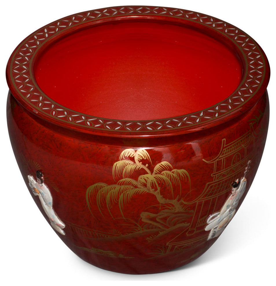 17 Inch Red Mother of Pearl Figurine Chinese Fishbowl Planter, With Stand