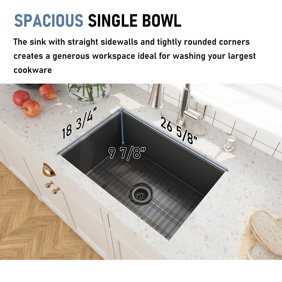 27in Undermount Single Bowl Fireclay Kitchen Sink with Grid and Drainer, Matte Black