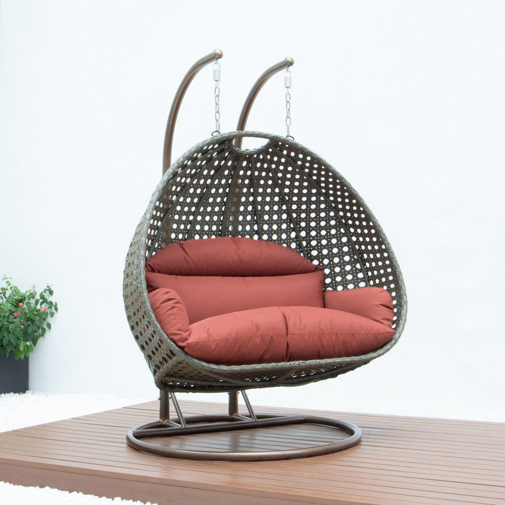 2 Person Beige Wicker Double Hanging Egg Swing Chair, Dark Orange