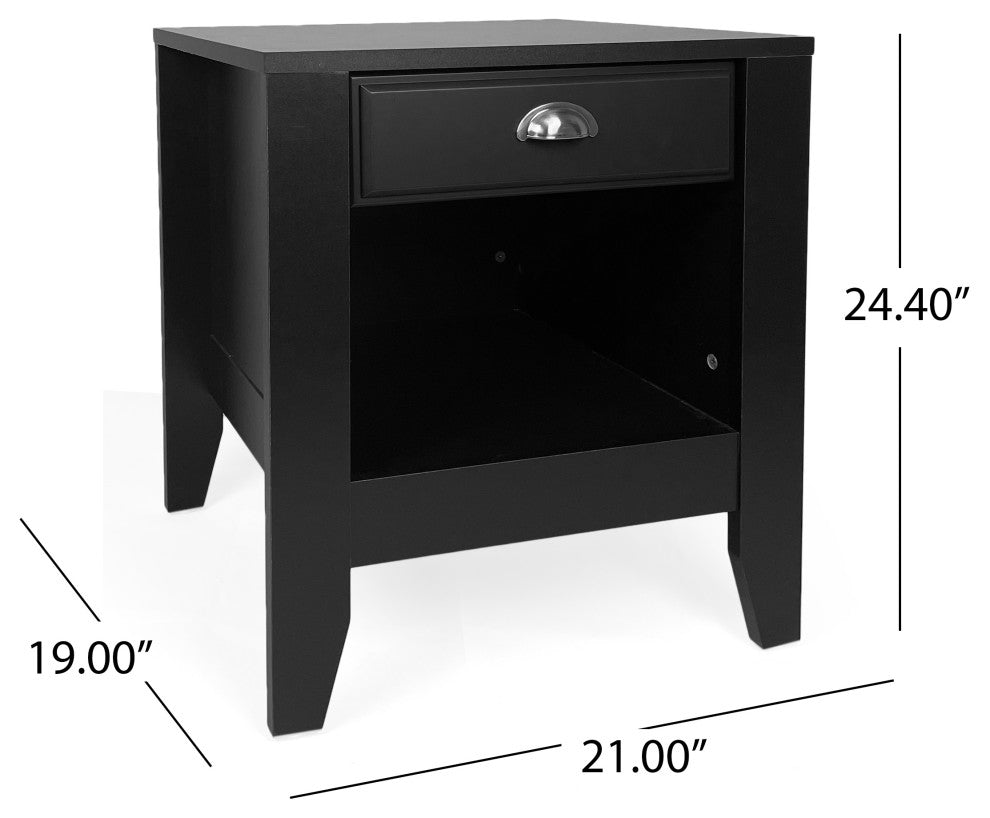 Cleary Contemporary Faux Wood Nightstand With Drawer, Black